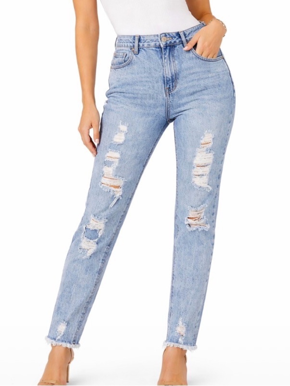 Tinseltown acid washed raw hem holy and distressed high waist/rise SZ 9 Jeans